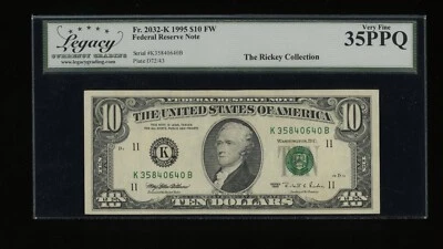 DBR 1995 $10 FRN Dallas Fr. 2032-K Legacy 35 PPQ Serial K35840640B - Image 1 of 2