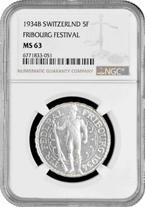 Switzerland 5 francs 1934, NGC MS63, "Fribourg Shooting Festival" silver coin - Picture 1 of 2
