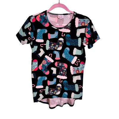 Camisa LuLaRoe Para Mujer Talla 10 Negra Medias de Navidad Bastón de Caramelo Estampado Floral Foto 1 de 4