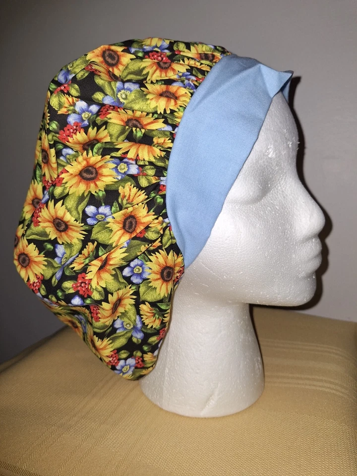 Fall Flowers w / Blue Band  Medical Surgical Bouffant Scrub Hat SIZE Large - Image 1 of 1
