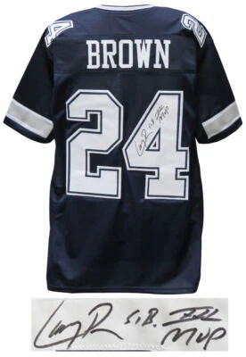 Camiseta de fútbol personalizada firmada por Larry Brown (COWBOYS) azul marino con SB MVP - CERTIFICADO DE AUTENTICIDAD SWARTZ Foto 1 de 2