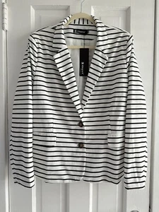 Allegra K Blazer Jacket XL Women's Notched Lapel Button White Black Striped NWT - Picture 1 of 13
