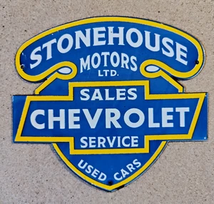 VINTAGE STONEHOUSE CHEVROLET DEALER PORCELAIN ENAMEL CHEVY SIGN SIZE 10" x 9" - Picture 1 of 7