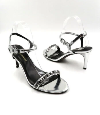 REBECCA MINKOFF Heels Womens 9.5 Silver Patent Leather Studded Open Toe Dressy - Image 1 of 4