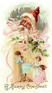 1910 Embossed Christmas Postcard Santa Looking Over Children - Picture 1 of 3