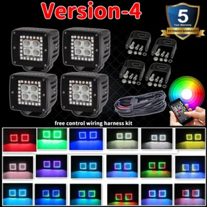 4x 24W LED Work Light 3" inch Flood Fog Pods Bluetooth RGB Halo & Wiring Harness - Imagen 1 de 12