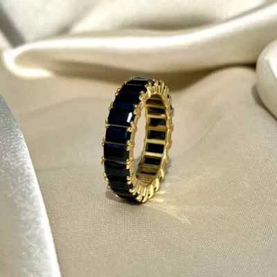 14K Yellow Gold Plated 3.0Ct Emerald Cut Lab-Created Black Diamond Eternity Ring - Image 1 of 4