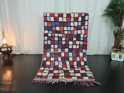 Moroccan Vintage Handmade Tribal Rug 3'2x5'8 Checkered Berber Red Blue Wool Rug - Image 1 of 4