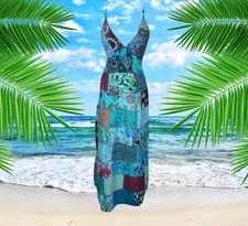 Womens Patchwork Strap Maxi Dress, Gypsy Hippie Blue Floral Printed Dresses S/M