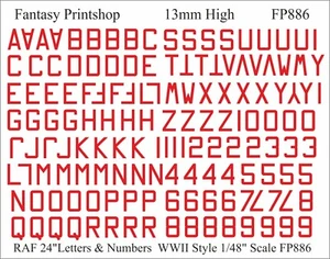RAF  Numbers and Letters 24" decals water slide transfers WW11 1/48  FP886 RED - Picture 1 of 3