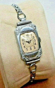 1920s BRUNVIL 15J 3Adj. Swiss Engraved White Gold Fill Art Nouveau Womens Watch - Picture 1 of 9