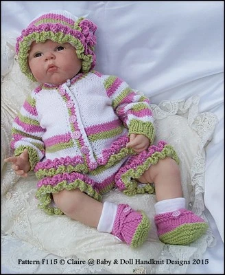 CLAIRE'S BABY & DOLL HANDKNIT DESIGNS BABYDOLL HANDKNIT DESIGNS KNITTING PATTERN COLOURED SET F115 16-22" DOLL/0-3M