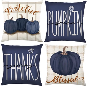 Fall Pillow Covers 18X18 Inch Set of 4, Buffalo Plaid Blue Pumpkin Giving Thanks - Picture 1 of 7
