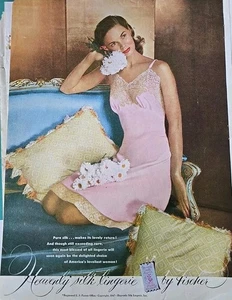 1947 women's Heavenly Silk lingerie Pink Lace slip By Fischer vintage Fashion ad - Picture 1 of 1