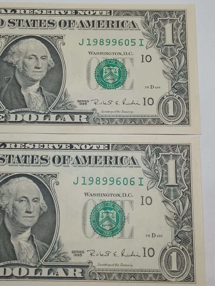 2-1995 $1 J KANSAS CITY BEP J-I BLOCO NÚMEROS DE SÉRIE SEQUENCIAIS (605)-(606)UNC - Imagem 1 de 4