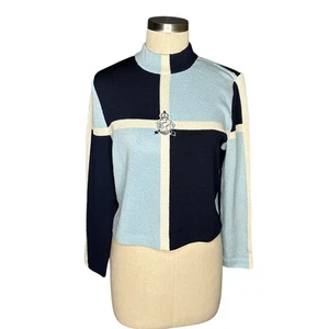 ST. JOHN SPORT Blue White Checkered Santana Knit Pullover Sweater Women's Small - Picture 1 of 8