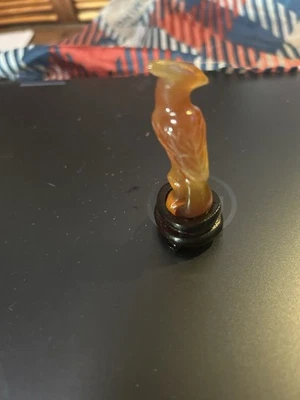 Vintage Hand Carved Chinese Carnelian Agate Quartz Bird with wooden stand, & Box - Image 1 of 4