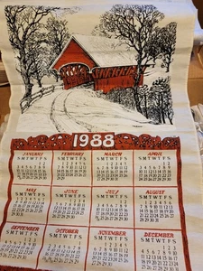 1988 Vintage calendar Dish Towel Winter Covered Bridge  - Picture 1 of 1