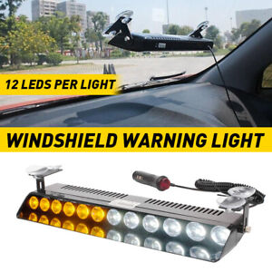 12LED Windshield Dash Strobe Light Bar Warning Car Truck Flash Amber/ White Lamp