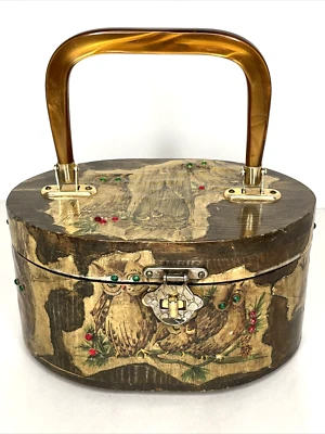 VTG Decoupage Wooden Box Handbag Jeweled Eyed OWLS Lucite Handle Velvet Lined - Image 1 of 4