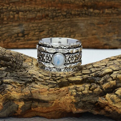 Fantástico anillo hecho a mano de plata de ley 925 con piedras preciosas de luna arco iris todos los tamaños Foto 1 de 3