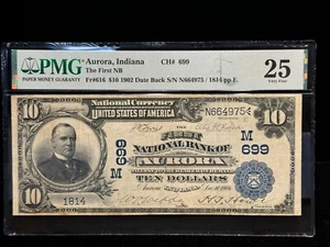 1902 $10 National Currency Aurora IN The First NB Date Back Fr. #616 NGC VF25 - Picture 1 of 2
