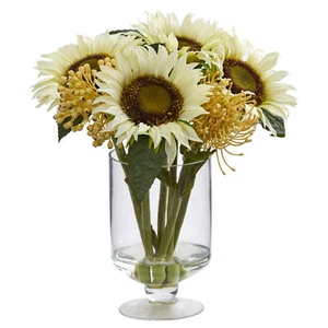 12" Sunflower & Sedum Artificial Arrangement In Vase Home Décor - Picture 1 of 1