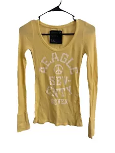 American Eagle Yellow Thermal Crew Shirt Sz M Medium Waffle Knit Peace Sign Y2K - Picture 1 of 6