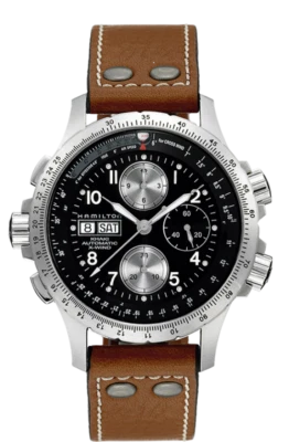Cronógrafo automático Hamilton Khaki Aviation X-Wind esfera negra banda LTHR para hombre H77616533 Foto 1 de 4