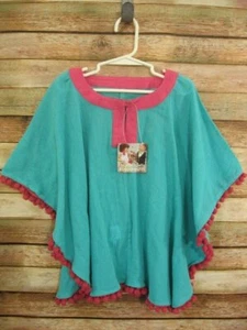 NWT Girls Pom Pom Poncho Ruffle Butts Teal Pink Sz 4T 5 Festival Cover Up - Picture 1 of 15