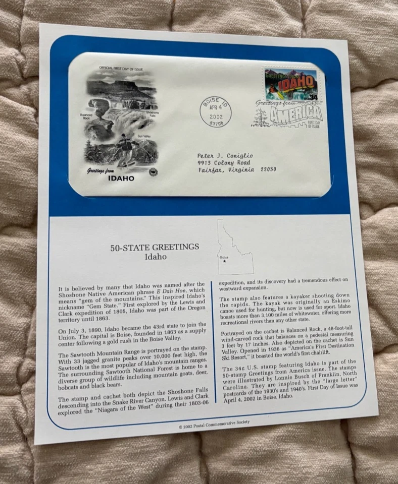 50-State Greeting from Idaho First Day Issue FDC PCS History Panel 2002 NM - Image 1 of 1