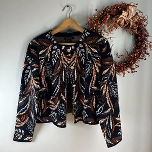 Tahari Damen Strick Cardigan Pullover SMALL braun Blätterdruck schwarz Viskose Mischung - Bild 1 von 10