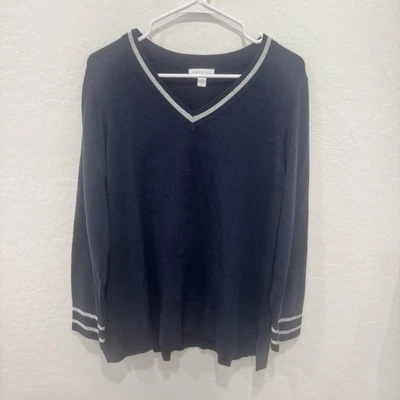 Suéter Charter Club Azul Cuello en V Para Mujer 2X Plateado Borde Metálico Preppy Costero Foto 1 de 4