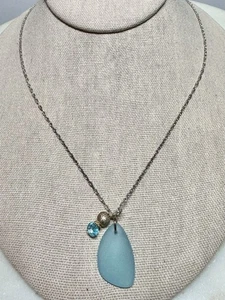 Aqua Seaglass Sailboat Necklace, Sterling Silver.  17.72” Box Chain. Handmade. - Picture 1 of 6
