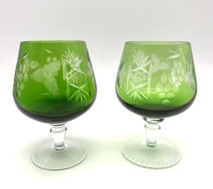 Bohemian Czech Green Cut to Clear Crystal Brandy Snifter Glasses Set of 2 - Picture 1 of 6