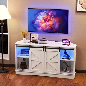Corner TV Stand for 65Inch TV with Sliding Barn Door,Corner Entertainment Center - Picture 1 of 8