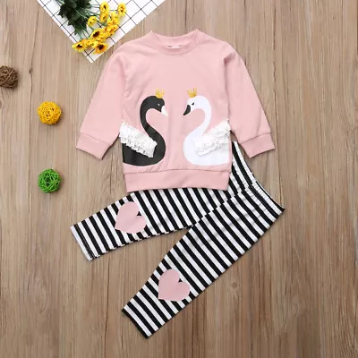 NEW Swan Girls Ruffle Shirt Striped Leggings Outfit Set 2T 3T 4T 5T 6  - Image 1 of 4
