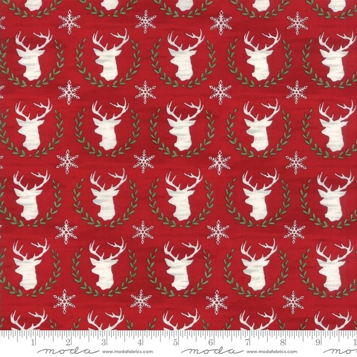 Christmas Fabric - Hearthside Holiday Stag Reindeer Wreath Berry Red - Moda YARD - Image 1 of 1
