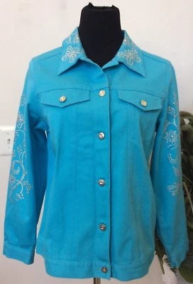 New Quacker Factory Women's Turquoise Blue Vibrant Cotton Blend Stud Jacket Sz S - Image 1 of 4
