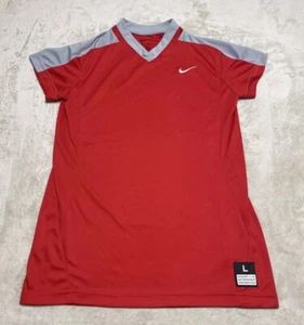 NIKE T Shirt Womens Large Red Short Sleeve V Neck Embroidered Logo Athletic Gym - Picture 1 of 9