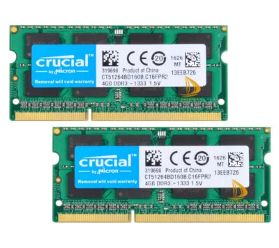 Crucial 2x 4GB 2RX8 PC3-10600S DDR3 1333Mhz 204pin Laptop Memory RAM SODIMM #GD - Image 1 of 4