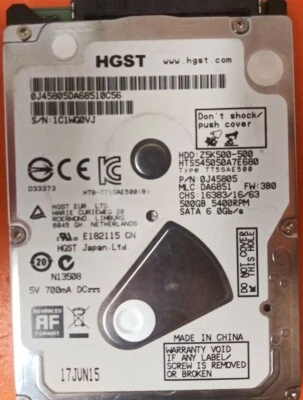 ⭐️⭐️⭐️⭐️⭐️ HDD Hard Drive SATA Laptop 2.5" HGST HTS545050A7E680 500GB J45805 - Image 1 of 3