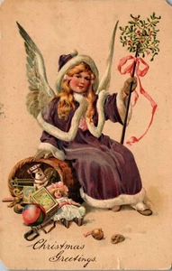 Vintage Christmas Postcard Angel Girl in Fur Robes with Toys and a Staff 1908 - Picture 1 of 3