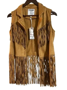 Wrangler Lainey Wilson Tan Fringe Faux Suede Vests Size Small 112368240 - Picture 1 of 7