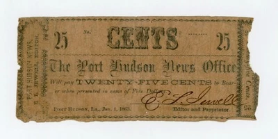 1863 25c The Port Hudson News Office - LOUISIANA Note - Rare! - Image 1 of 2