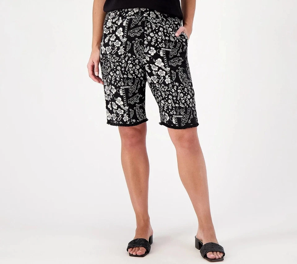 Bermudas Susan Graver PURAS Estampadas Pequeñas Mezcla de Lino Dobladillo Deshilachado Negras 2X Foto 1 de 1