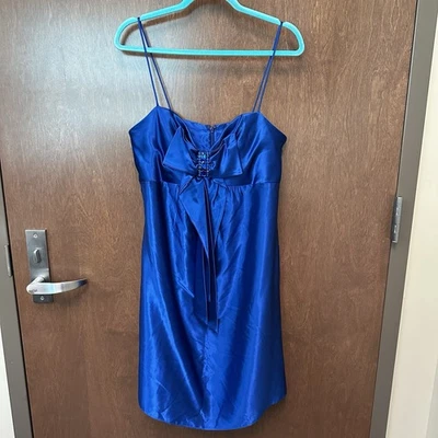JESSICA MCCLINTOCK FOR GUNNE SAX COBALT BLUE SATIN DRESS SIZE 13 BOW COQUETTE - Image 1 of 4