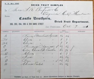 Dried Fruit Department - Castle Brothers - San Francisco, CA 1891 Letterhead - Picture 1 of 1