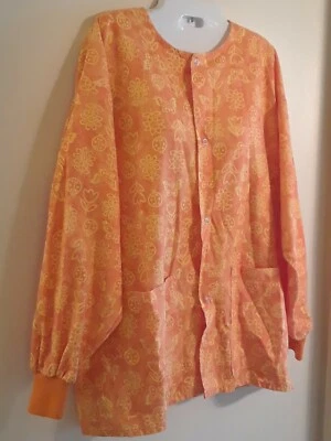 Orange Yellow Small Warm-Up Scrub Jacket Flowers Butterflies Bugs Two Pockets - Imagem 1 de 4