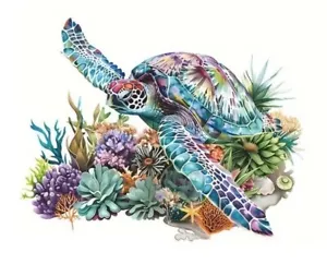 Large Colorful Sea Turtle and Coral Reef Wall Decal - Ocean Theme - NEW - Picture 1 of 4